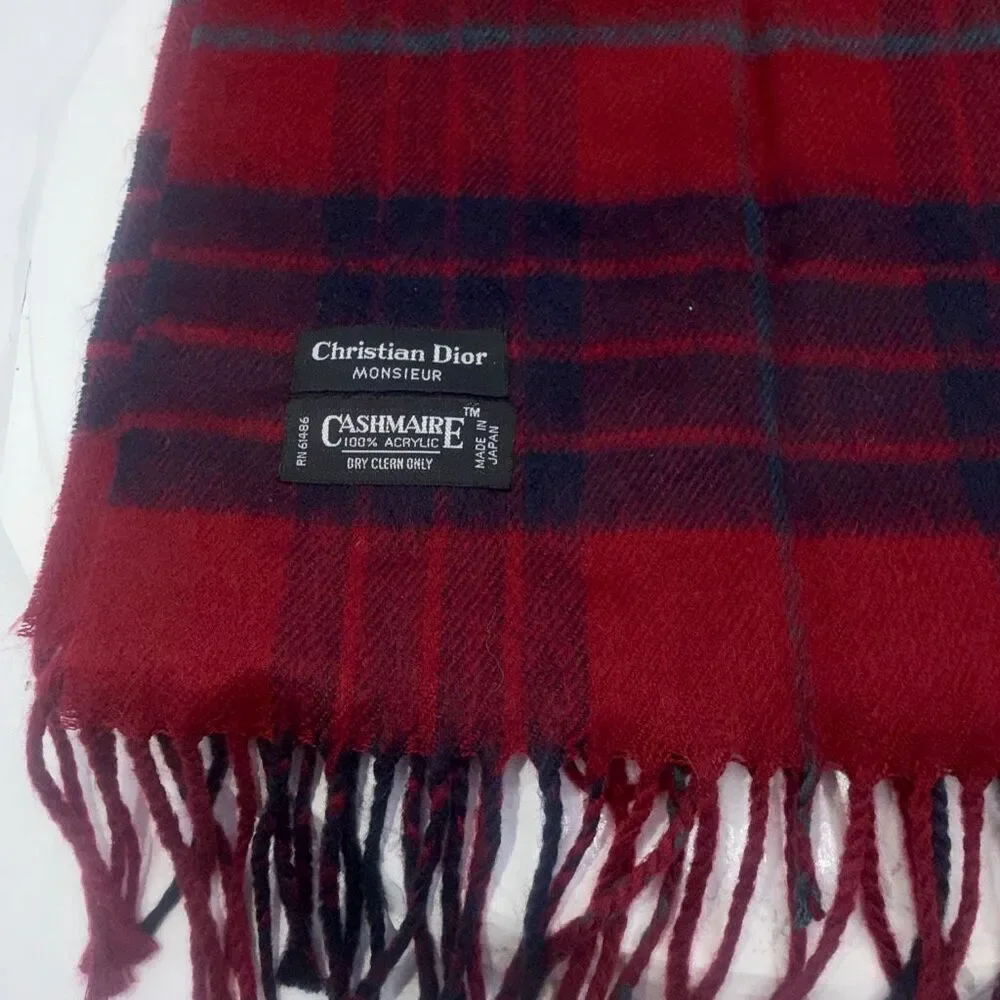 CHRISTIAN DIOR MONSIEUR Red, Navy Blue and Turquoise Tartan Plaid Cashmaire Scar